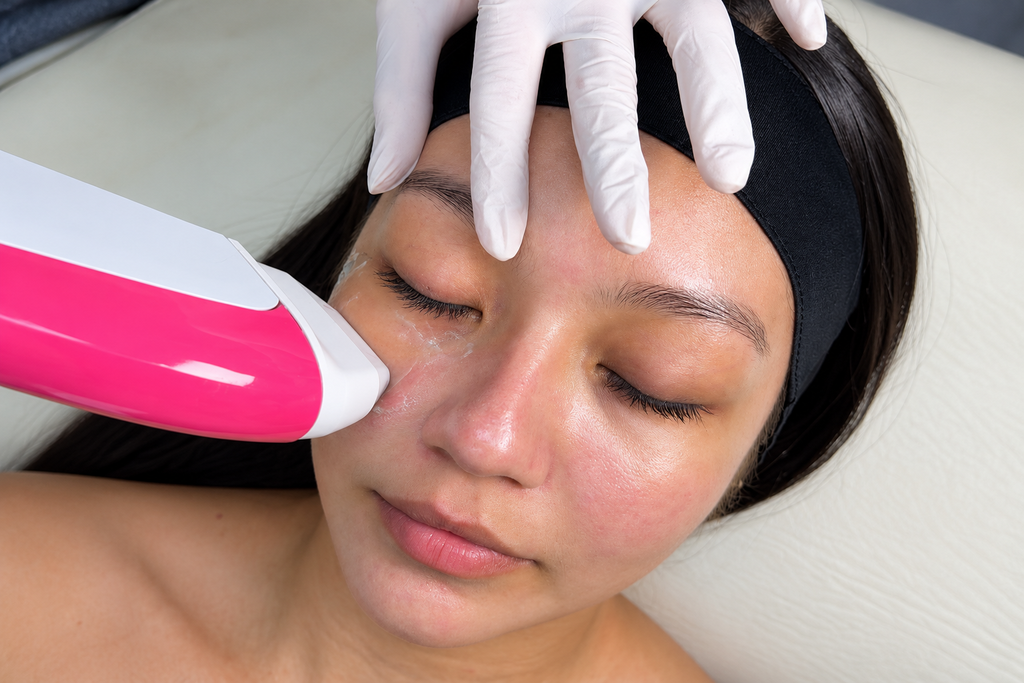 Facial ultrasound treatment at Dermatology Lab in Cali, Colombia, with a handpiece applied to the patient’s cheek.
